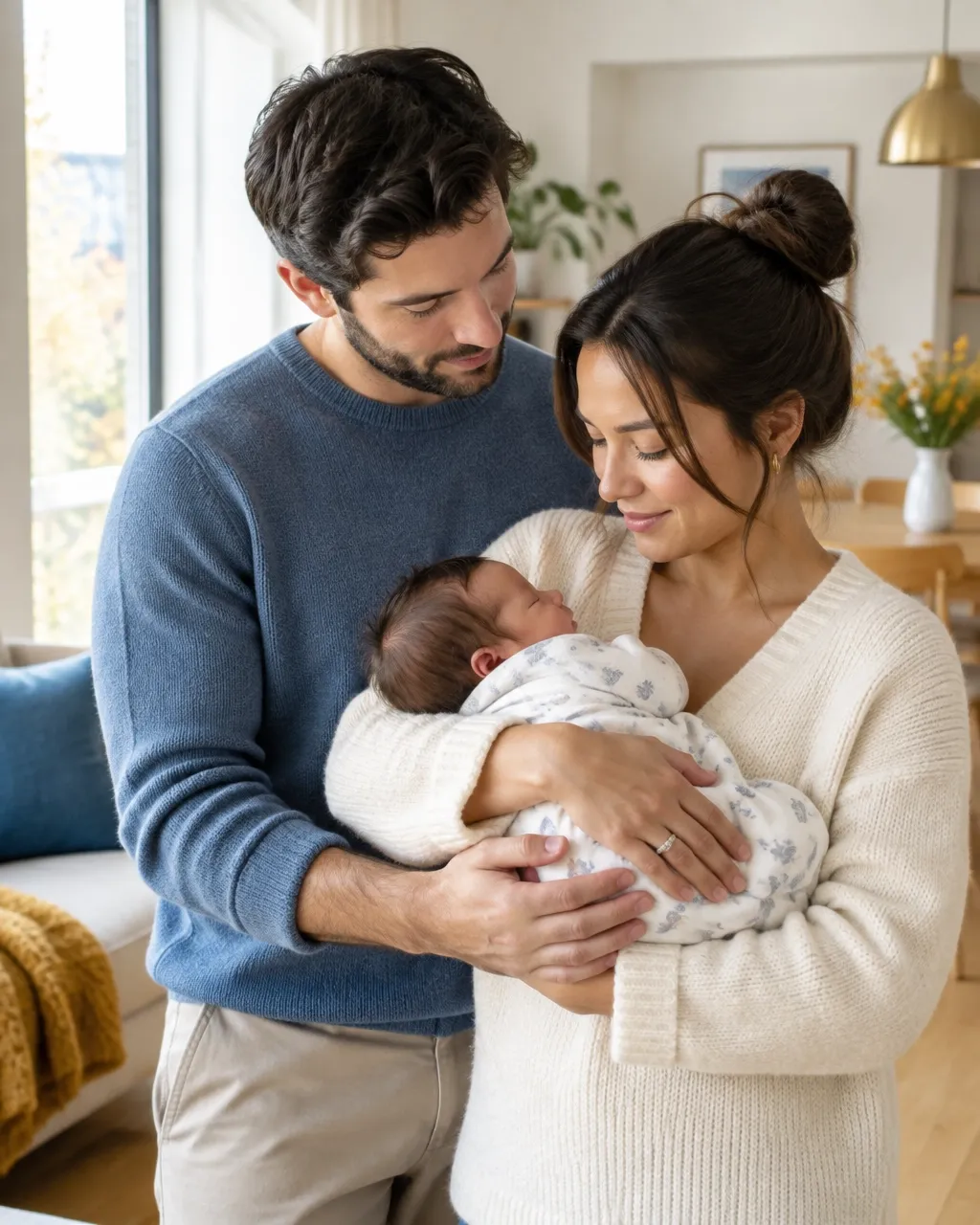 Jeune famille québécoise réunie autour de son bébé naissant