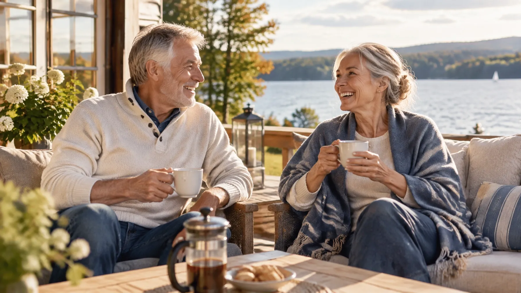Couple à la retraite profitant d'un moment chaleureux au bord d'un lac québécois